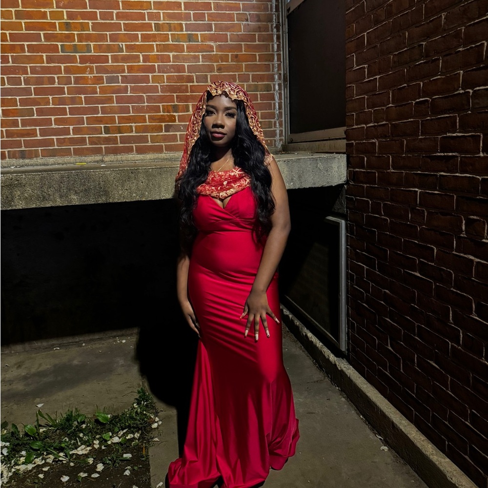 Elegant Red Evening Gown and Head Piece